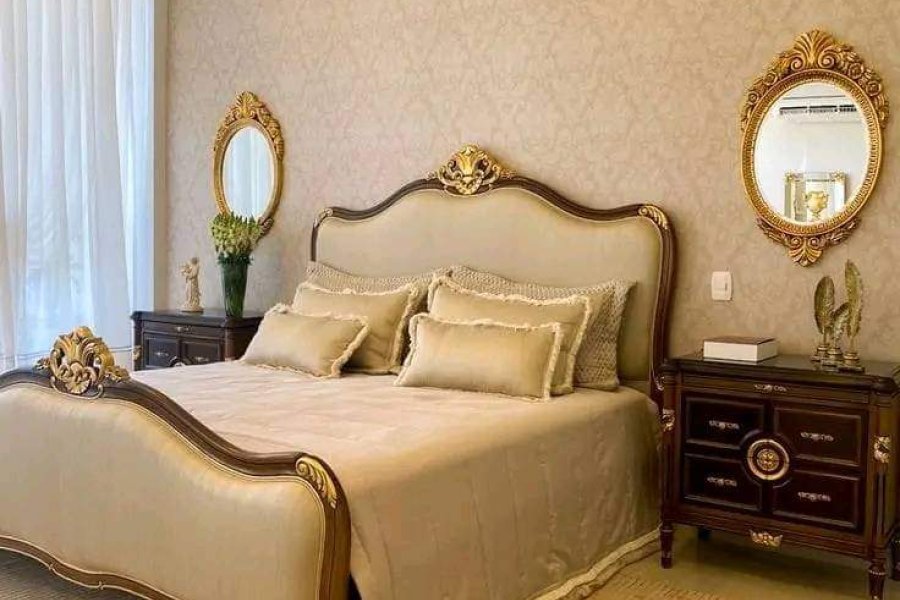 Classical Bedroom Set with Grey Colour Bed and Side Tables