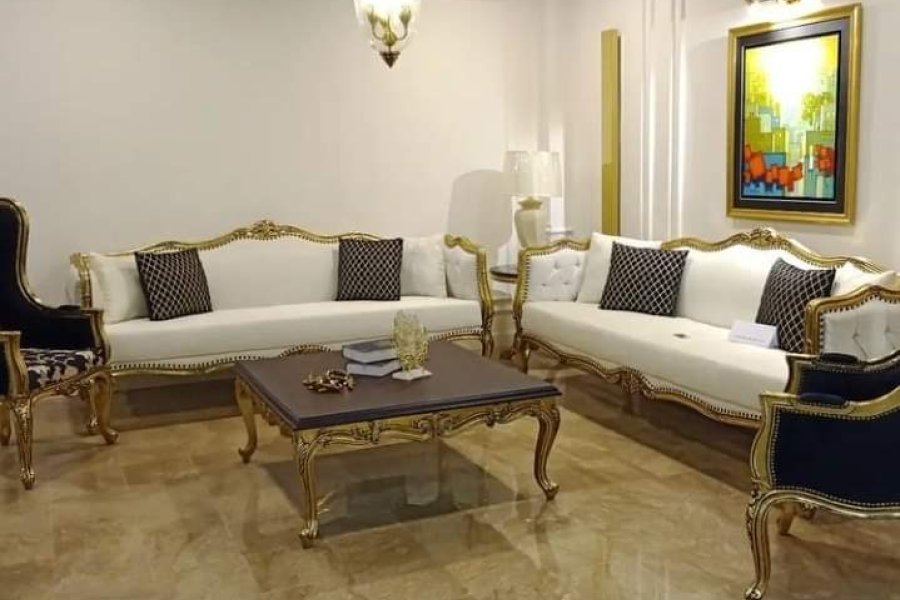Living Room Complete Sofa Set, 2 (3 Seater White Sofa) 2 Single Seat and Wooden Center Table