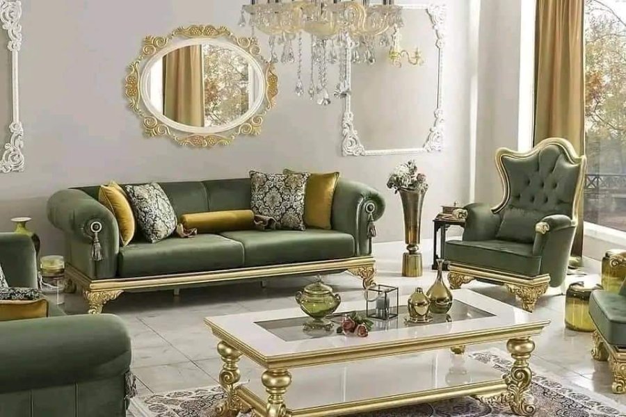 Green Velvet Sofa Set For Drawing Room--2 ( 3 Seater) 2 Single Sofa with Amazing Center Table