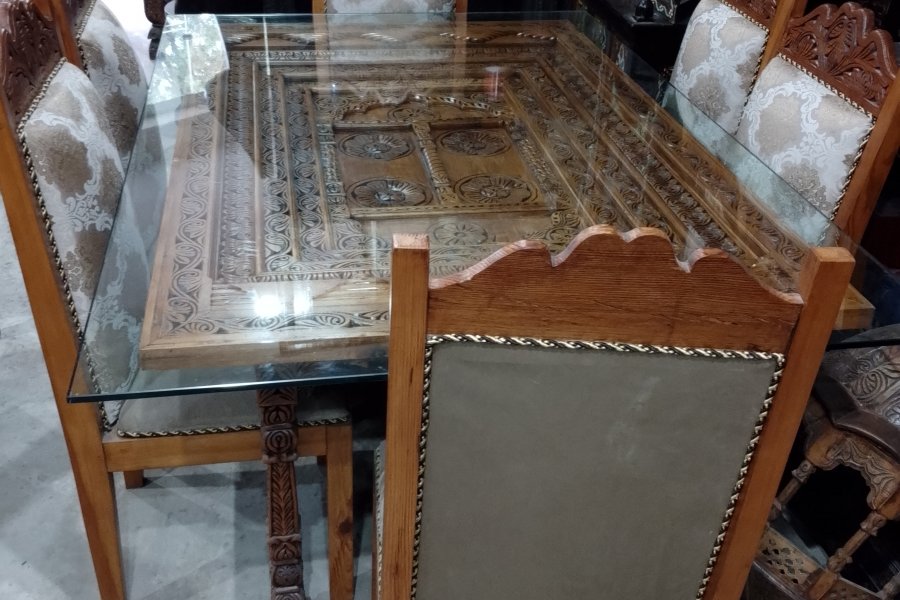Dinning Room Set-- 6 Seater Wooden Dinning Table with Glass Top Wooden Base and Wooden Chairs