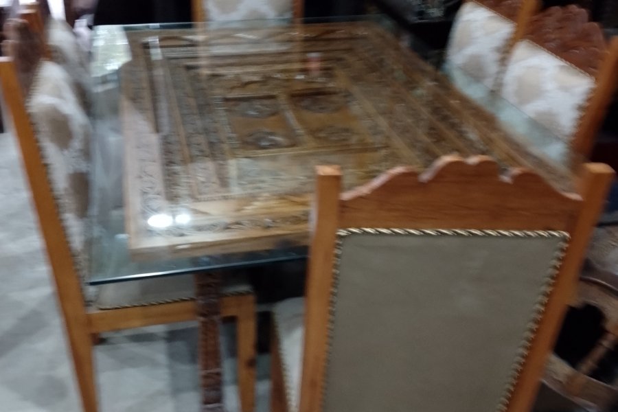 Dinning Room Set-- 6 Seater Wooden Dinning Table with Glass Top Wooden Base and Wooden Chairs