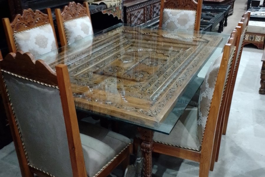 Dinning Room Set-- 6 Seater Wooden Dinning Table with Glass Top Wooden Base and Wooden Chairs