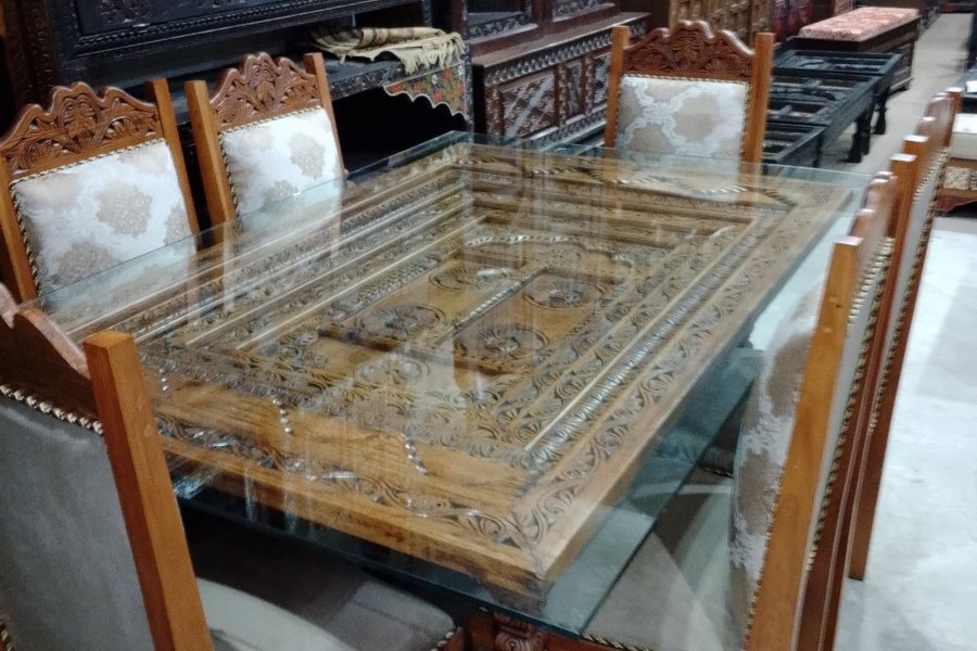 Dinning Room Set-- 6 Seater Wooden Dinning Table with Glass Top Wooden Base and Wooden Chairs