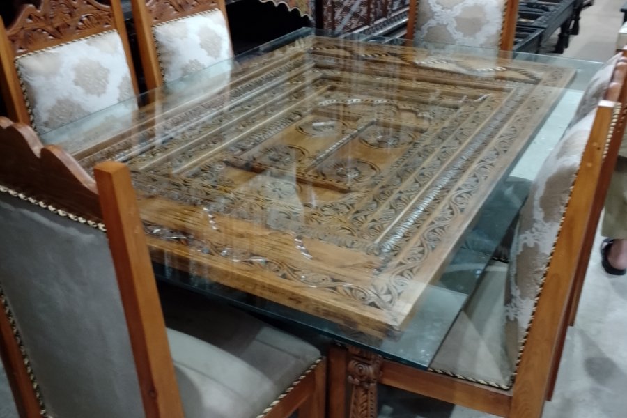 Dinning Room Set-- 6 Seater Wooden Dinning Table with Glass Top Wooden Base and Wooden Chairs