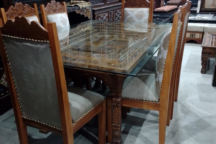 Dinning Room Set-- 6 Seater Wooden Dinning Table with Glass Top Wooden Base and Wooden Chairs