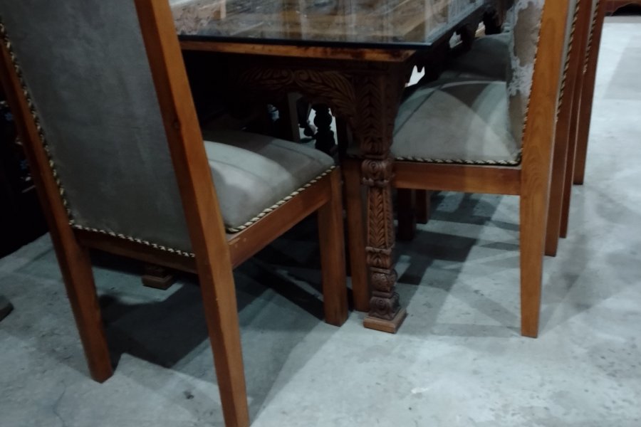 Dinning Room Set-- 6 Seater Wooden Dinning Table with Glass Top Wooden Base and Wooden Chairs