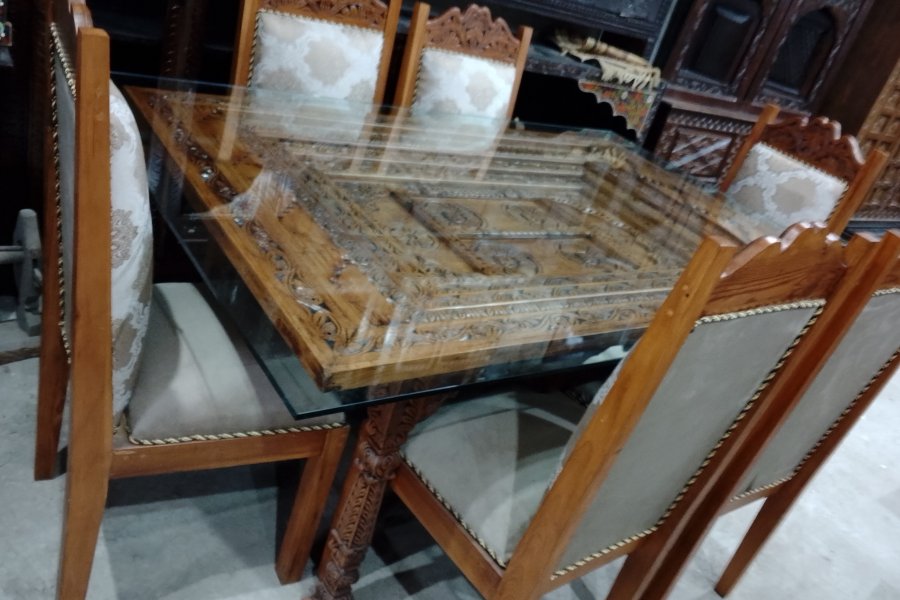 Dinning Room Set-- 6 Seater Wooden Dinning Table with Glass Top Wooden Base and Wooden Chairs