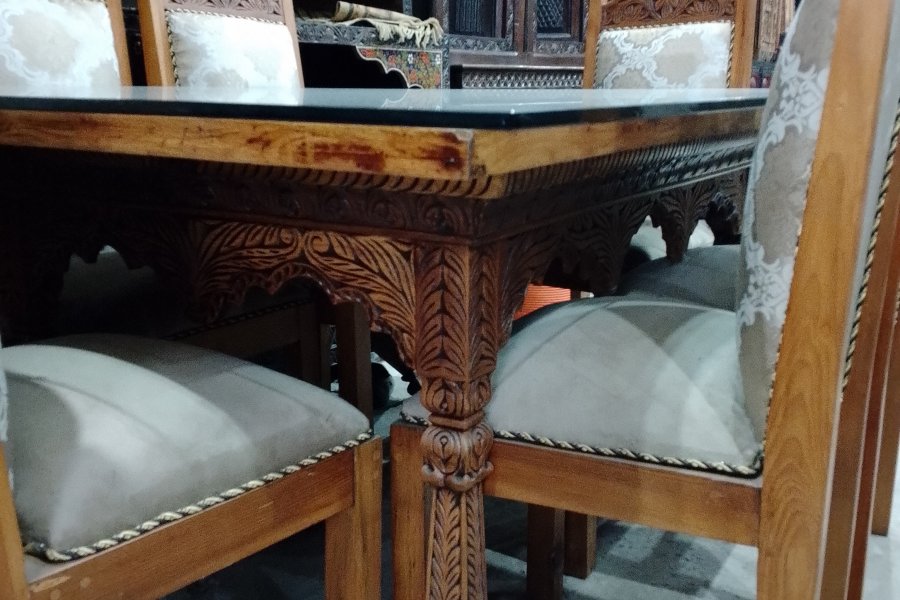 Dinning Room Set-- 6 Seater Wooden Dinning Table with Glass Top Wooden Base and Wooden Chairs