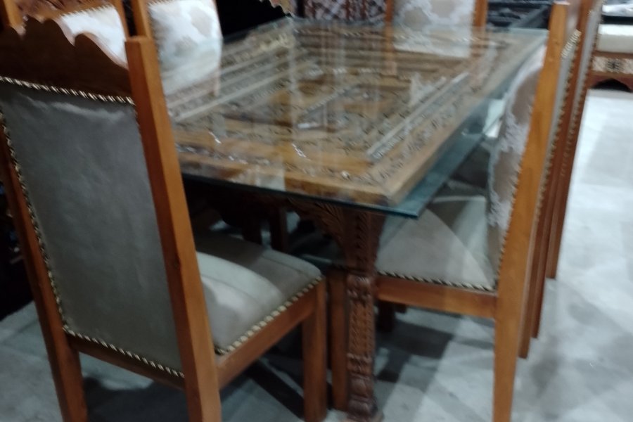 Dinning Room Set-- 6 Seater Wooden Dinning Table with Glass Top Wooden Base and Wooden Chairs