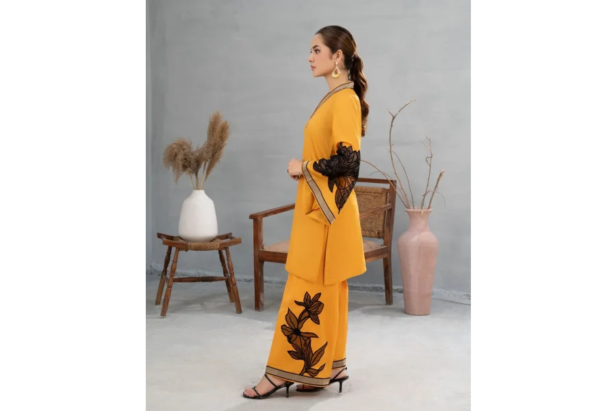 SUMMER LILEN STUFF WITH EMBROIDERY  2Pc Set Yellow Color