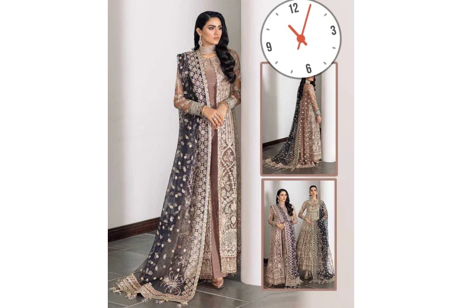 Baroque Heavy Embroidered Formal Wedding Collection- TeaPink/Blue-0