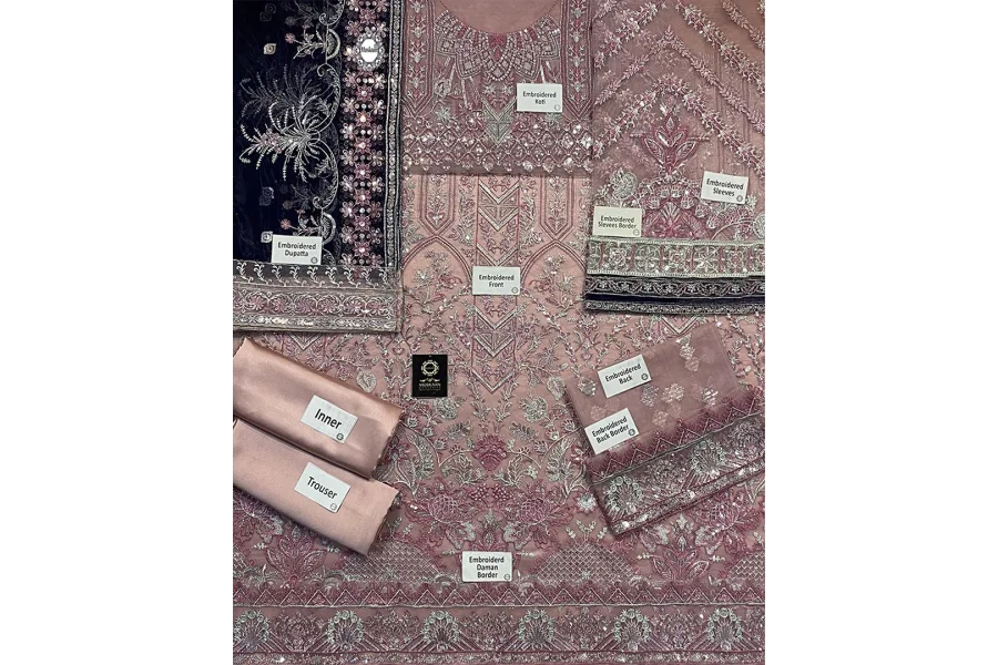 Baroque Heavy Embroidered Formal Wedding Collection- TeaPink/Blue