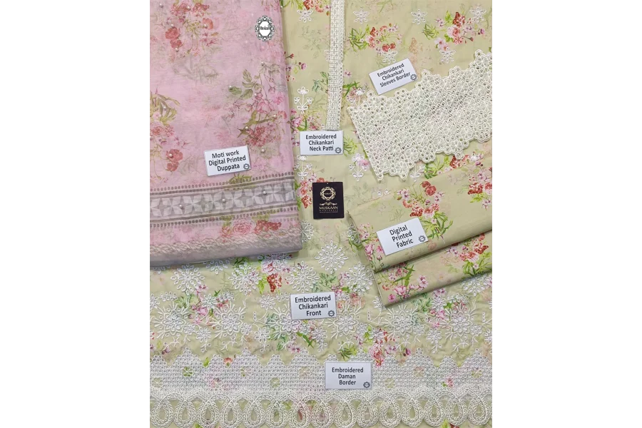 Baroque Digital Printd سوئس لان چکنکاری مجموعہ -TeaGreen/Pink