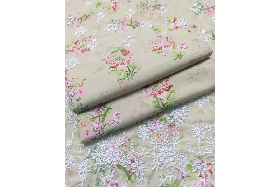 Baroque Digital Printd سوئس لان چکنکاری مجموعہ -TeaGreen/Pink