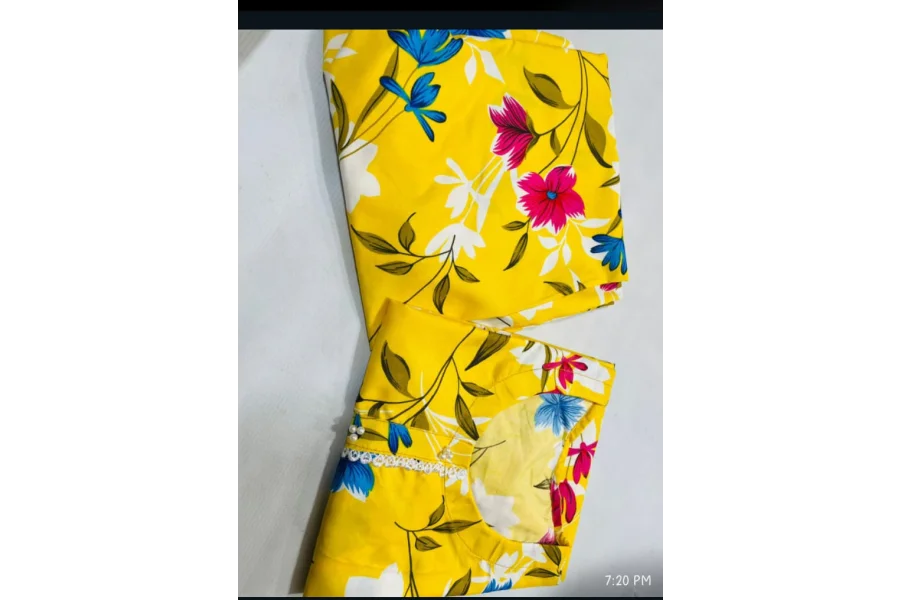 2 پیس مہک کرسٹل کاٹن سوٹ (پھول کے نمونوں کے ساتھ پیلا)-0