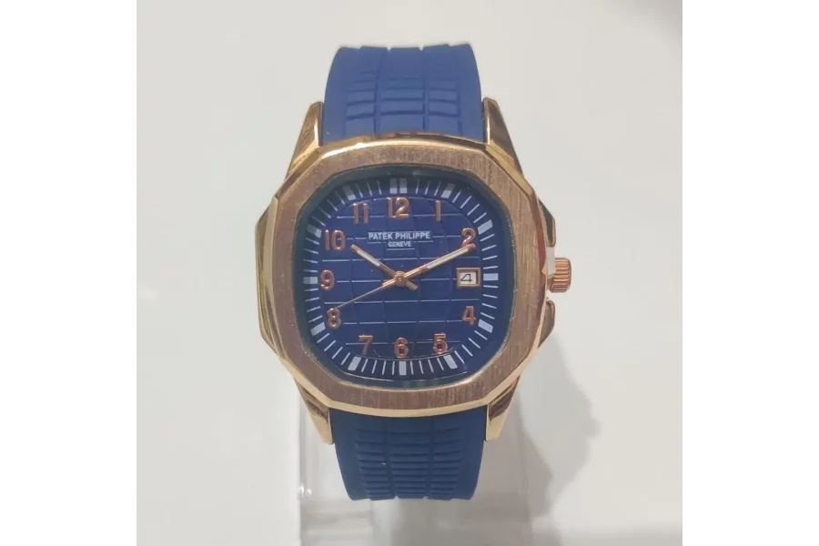 Men&#39;s Square Quartz Watch - 1 Pc - Stylish Blue and Gold Stainless Ste-0
