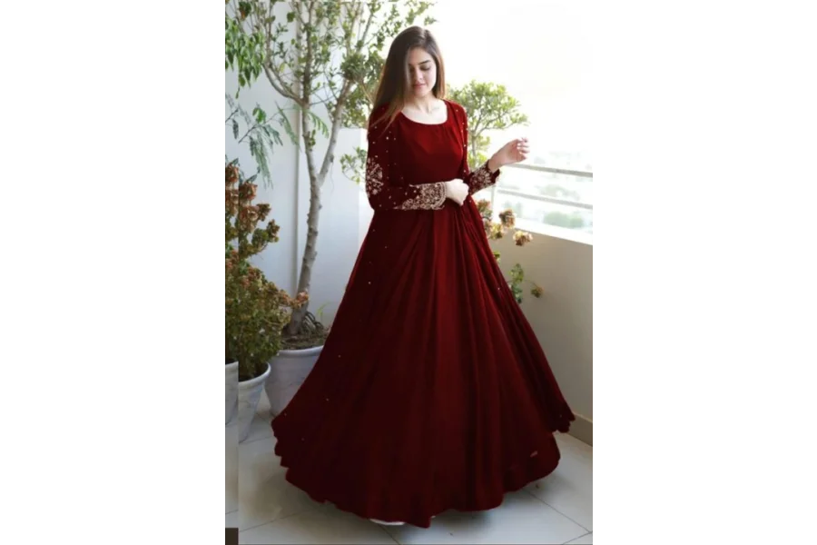 3-Piece Heavy Embroidered Gown with Pearls, Maxi, and Trouser