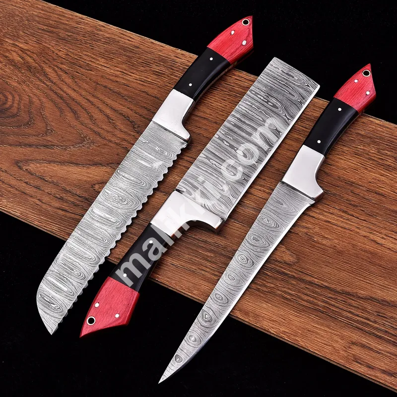 Three-Piece Damascus Steel Knife Set with Red & Black Handles