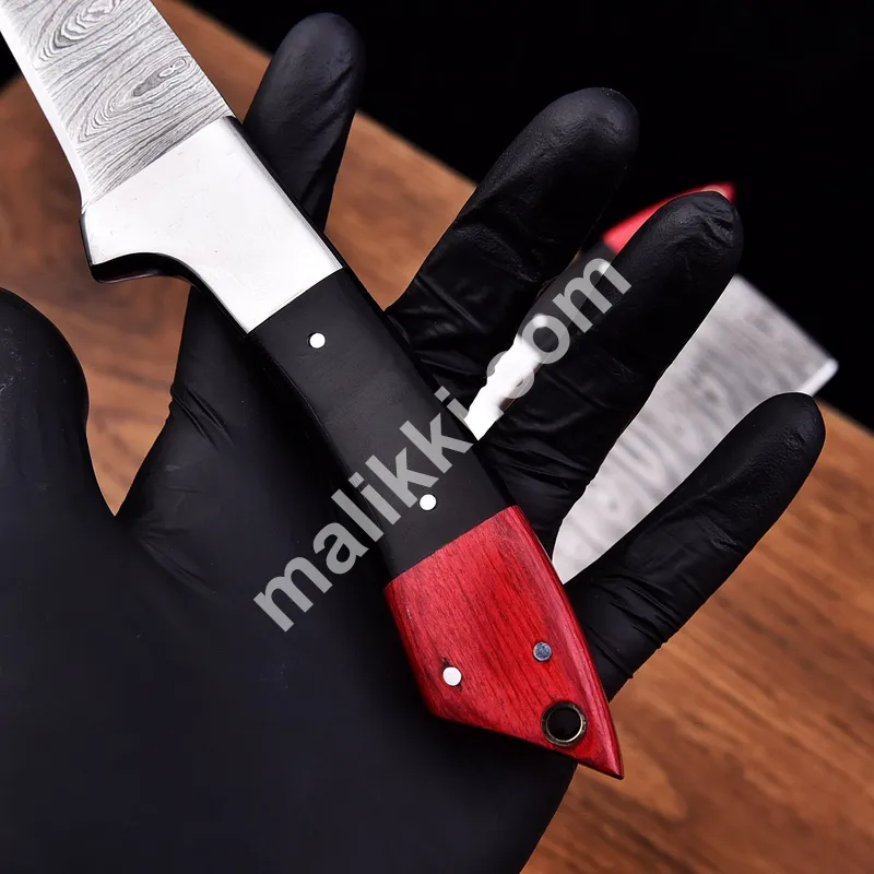 Three-Piece Damascus Steel Knife Set with Red & Black Handles