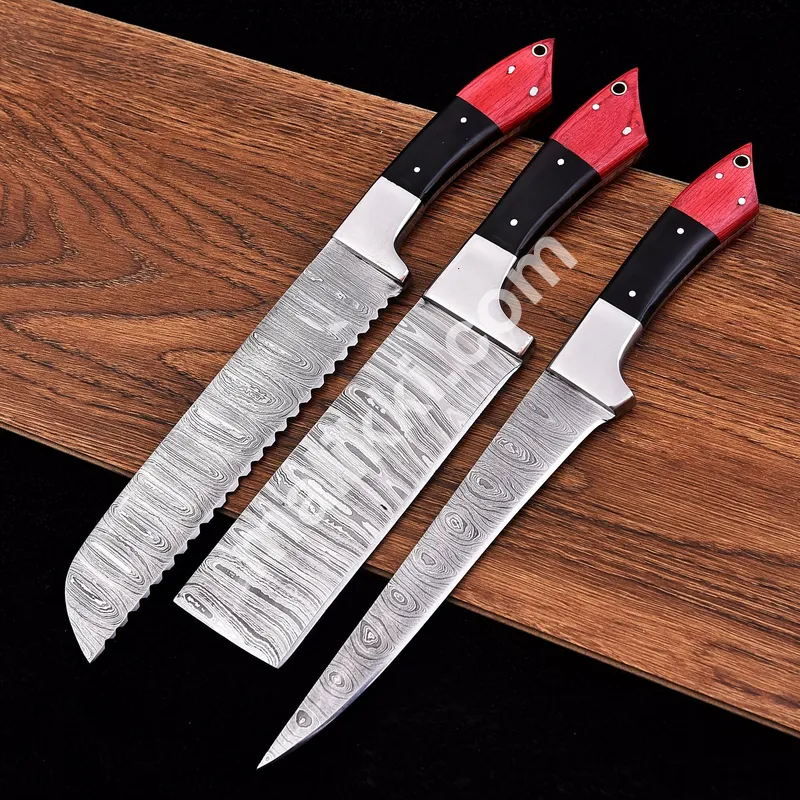 Three-Piece Damascus Steel Knife Set with Red & Black Handles