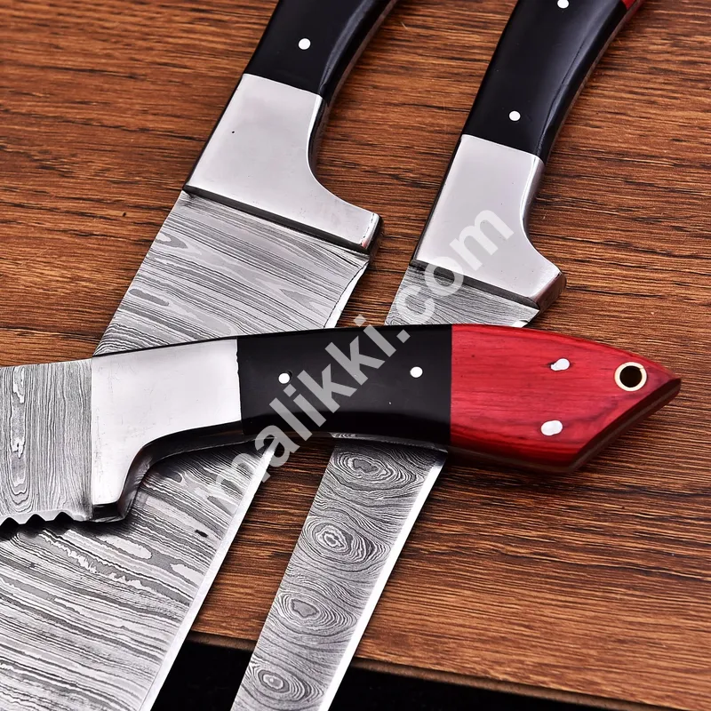 Three-Piece Damascus Steel Knife Set with Red & Black Handles