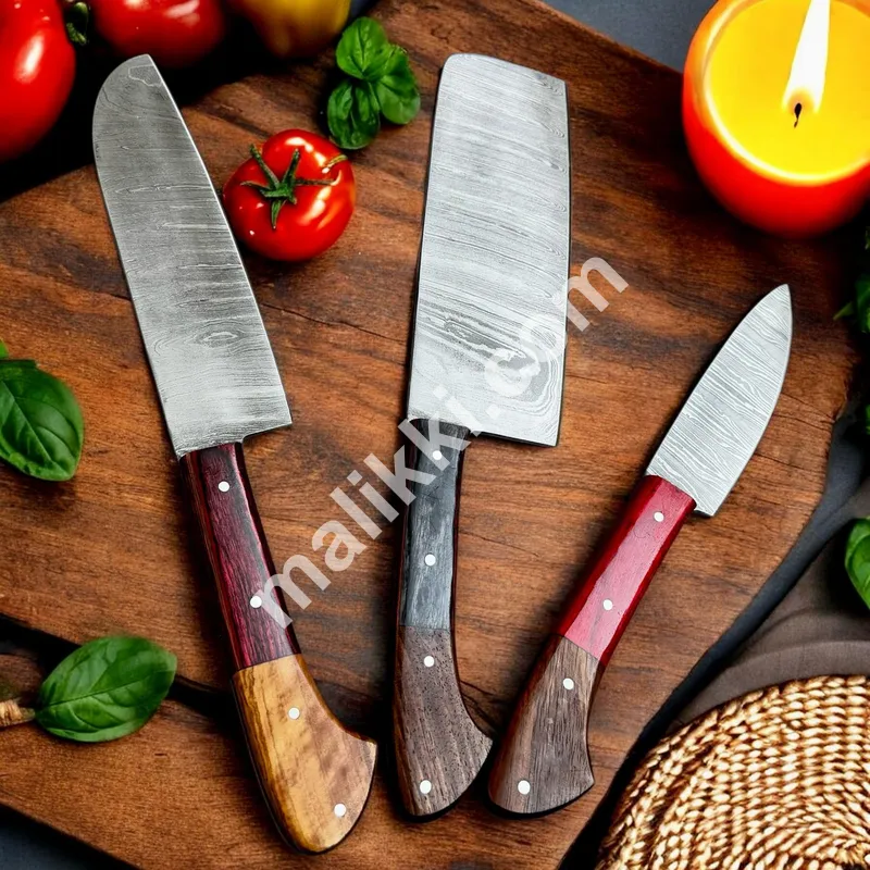 Rustic Elegance Damascus Steel Kitchen Knife Trio with Exotic Wood Handles