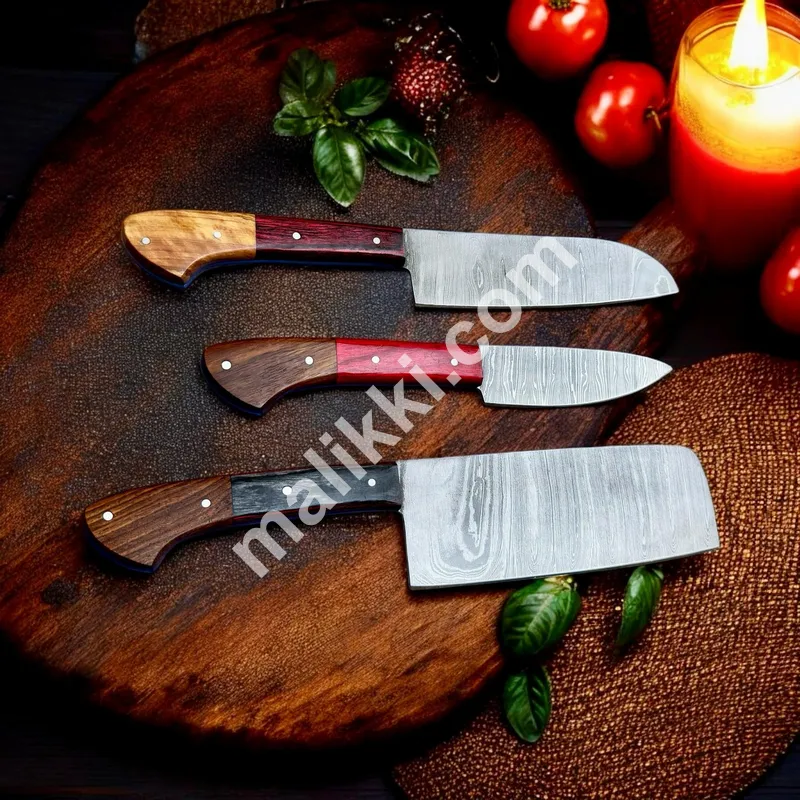 Rustic Elegance Damascus Steel Kitchen Knife Trio with Exotic Wood Handles