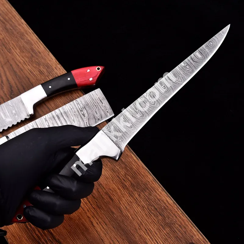 Three-Piece Damascus Steel Knife Set with Red & Black Handles