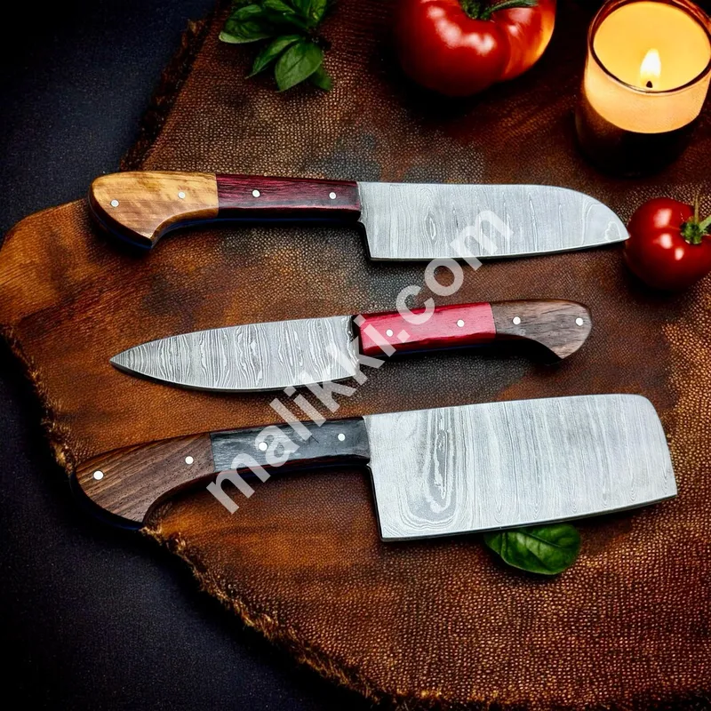 Rustic Elegance Damascus Steel Kitchen Knife Trio with Exotic Wood Handles
