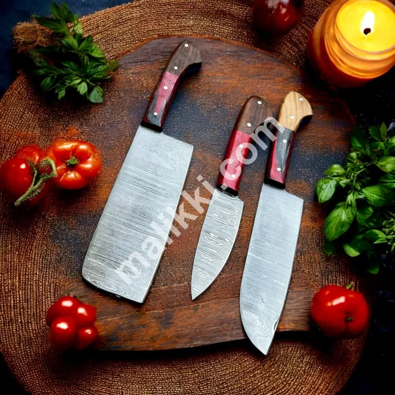 Rustic Elegance Damascus Steel Kitchen Knife Trio with Exotic Wood Handles