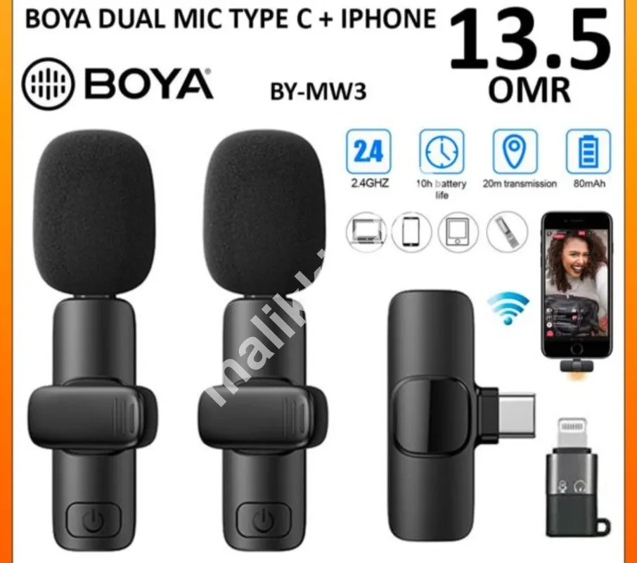 BOYA BYMW3 Wireless MIC Dual MICROPHONE Vlogging Mic, For Podcast, Interviews, with Microphone for Type C, Android, IOS Lightining & 3.5mm Jack-0