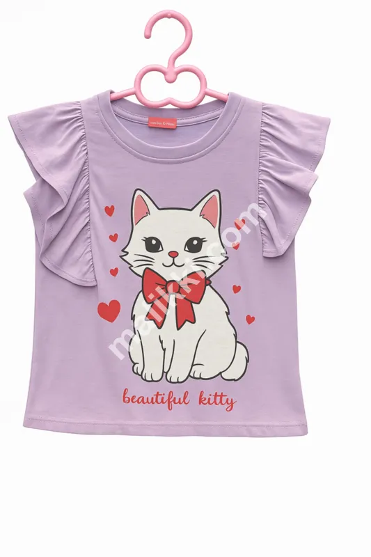 Lavender Ruffle Sleeve Beautiful Kitty Top for Girls  -0