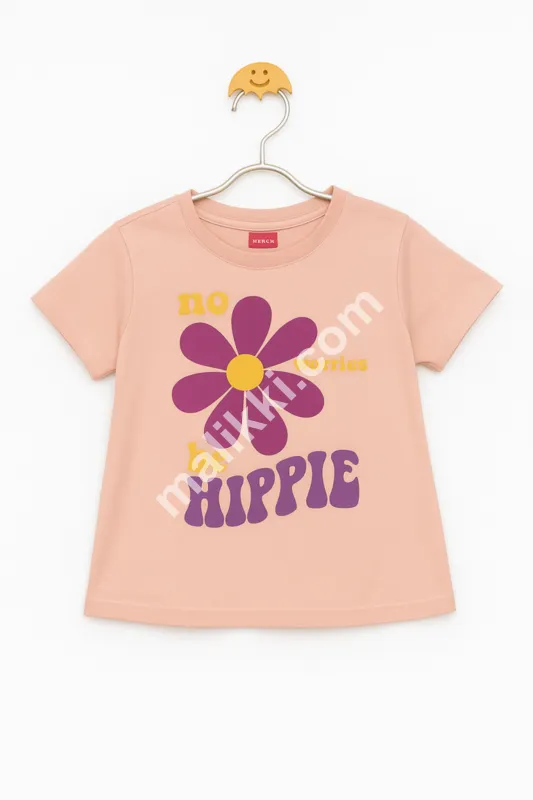 Peach No Worries Be Hippie Flower Graphic Tee for Girls-0