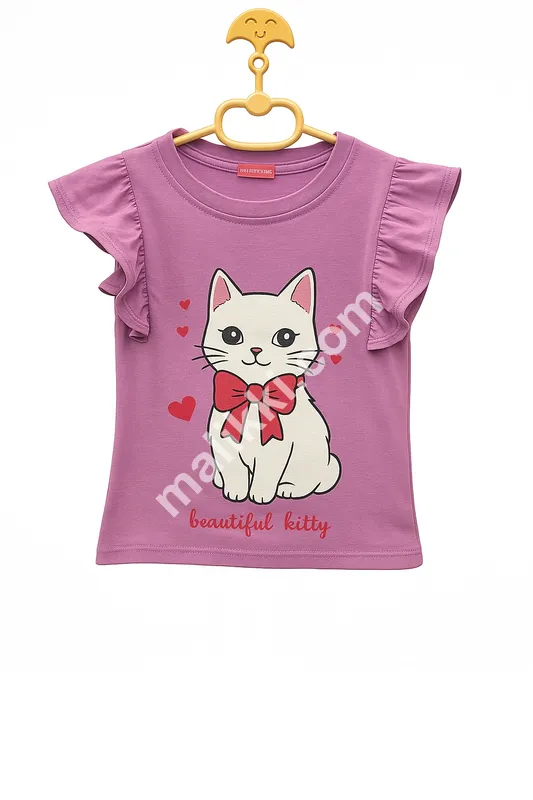 Pink Ruffle Sleeve Beautiful Kitty Top for Girls