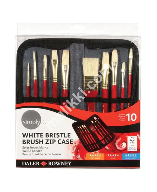 Daler Rowney Oils White Bristle Brush Zip Case- 10 x Art Paint Brushes & Wallet