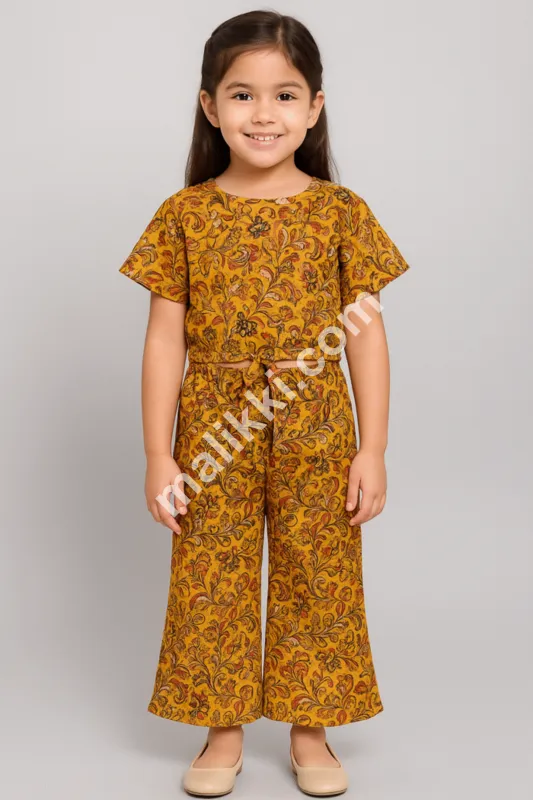 Yellow Brown Flowers Premium Kids Casual Dress