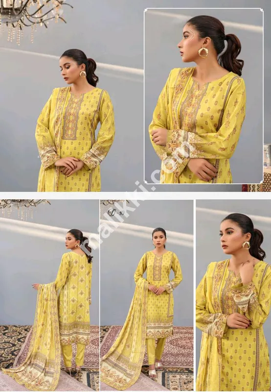 جاوید آرٹس نور بانو کلیکشن 3 پی سی ایس بغیر سلے ہوئے لان سوٹ-0