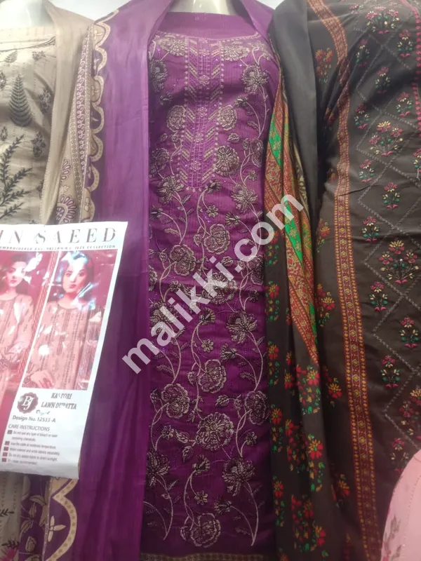 Purple color Bin Saeed Pure Lawn 3 PCS Embroidered Unstiched Suit