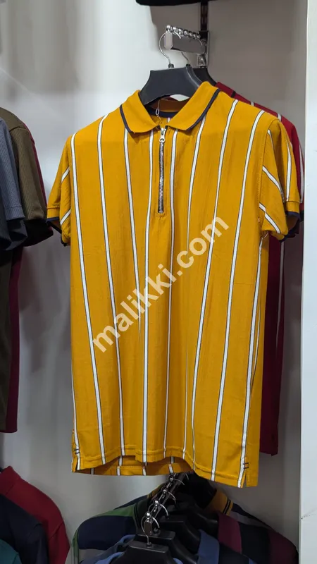 Yellow with White Lines Zipper Polo Shirt