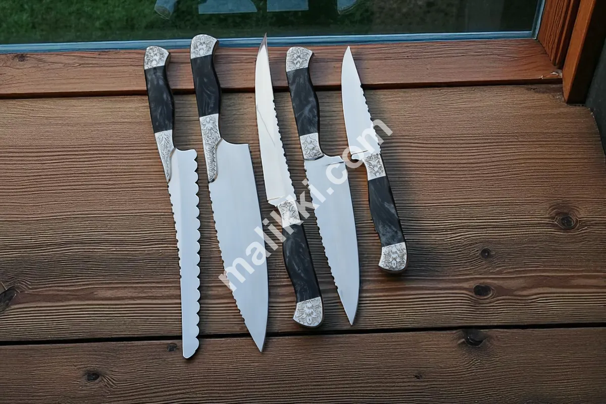Silver Engraved Black Handle Knife Collection